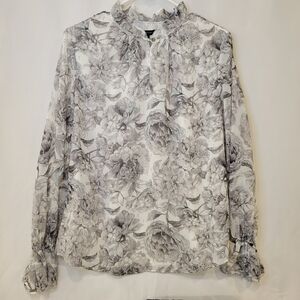 White House Black Market Monochrome Watercolor Floral Blouse